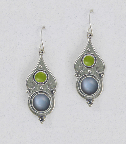 Sterling Silver Gothic Look With Grey Moonstone And Peridot Gemstone Drop Dangle Earrings